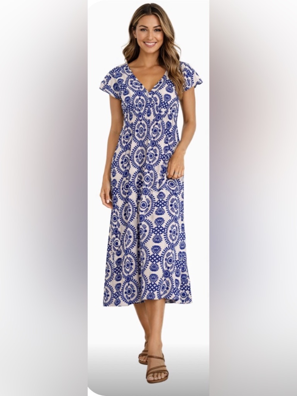 Cupshe White and Blue Printed V-Neck Flutter Sleeve Midi Dress